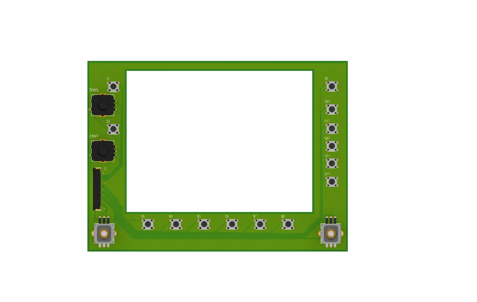 Close-up of PCB showing button and rotary encoder locations